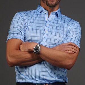 NWOT Collars & Co. Pienza Blue Windowpane Semi-Spread Collar Polo XXL 2XL